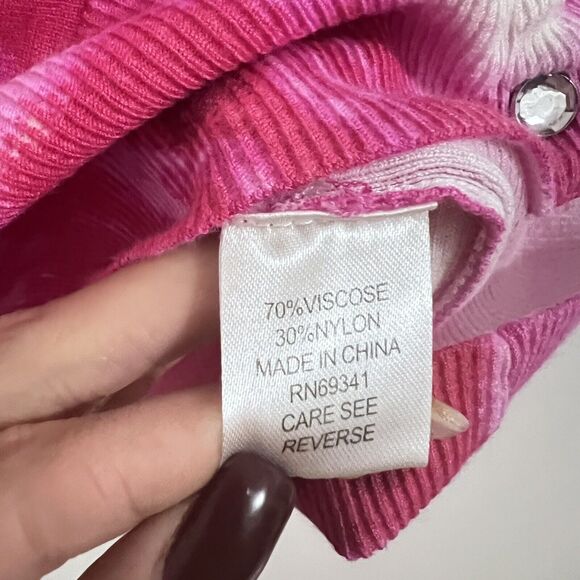 Boston Proper Pink Floral Cardigan Size M Jeweled Snap Button Tie Dye Preppy - Picture 5 of 7